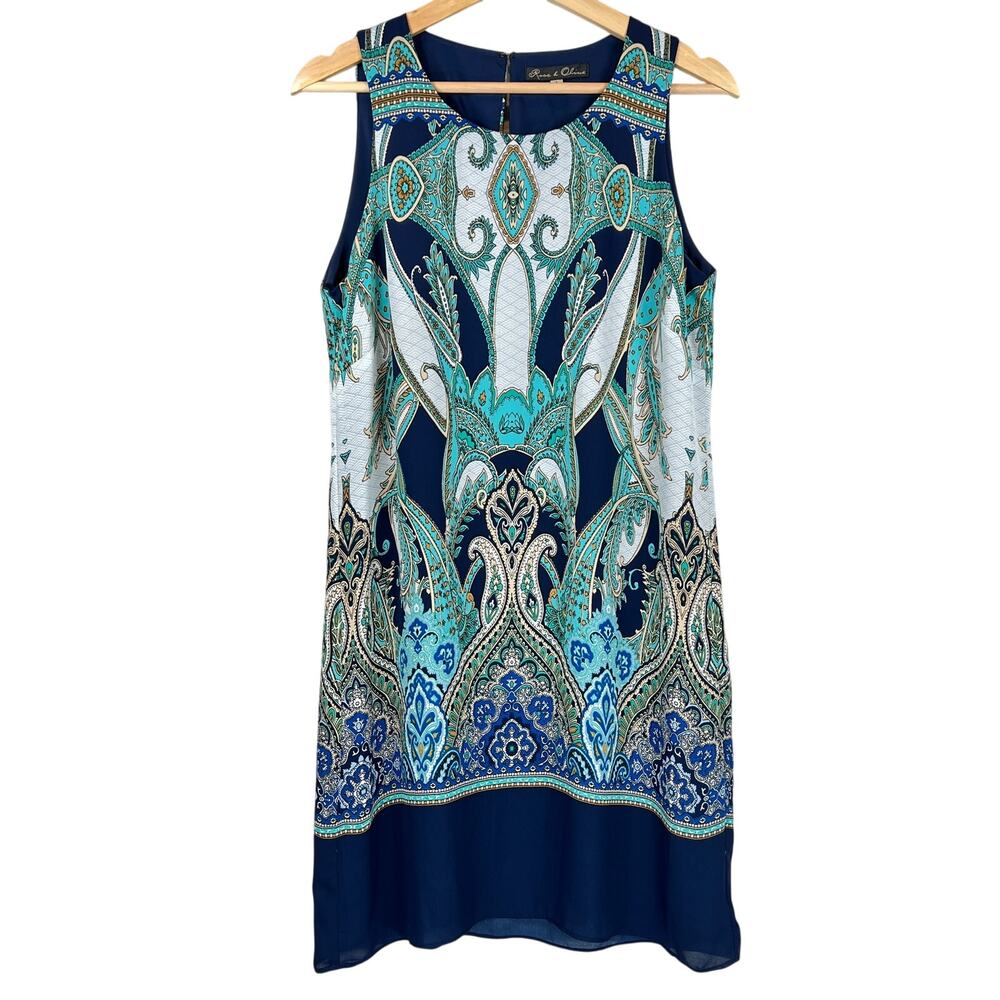 Rose & Olive Paisley Print Midi Sheath Dress Women 6 Sleeveless Blue Green White